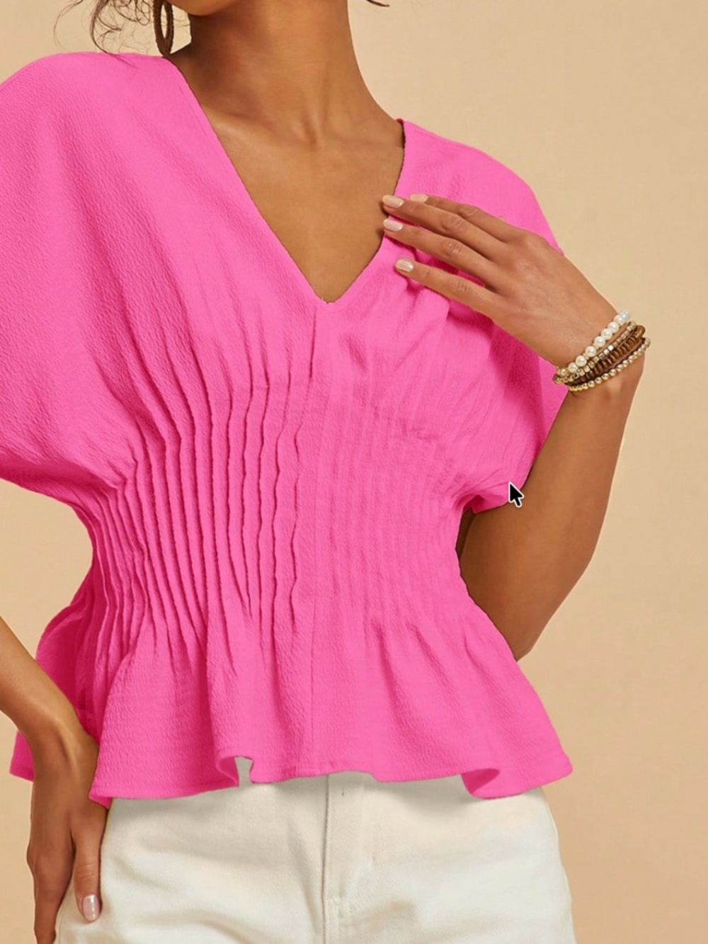 Solid V neck Pleated Batwing Sleeve Cotton Top - Picture 5 of 10